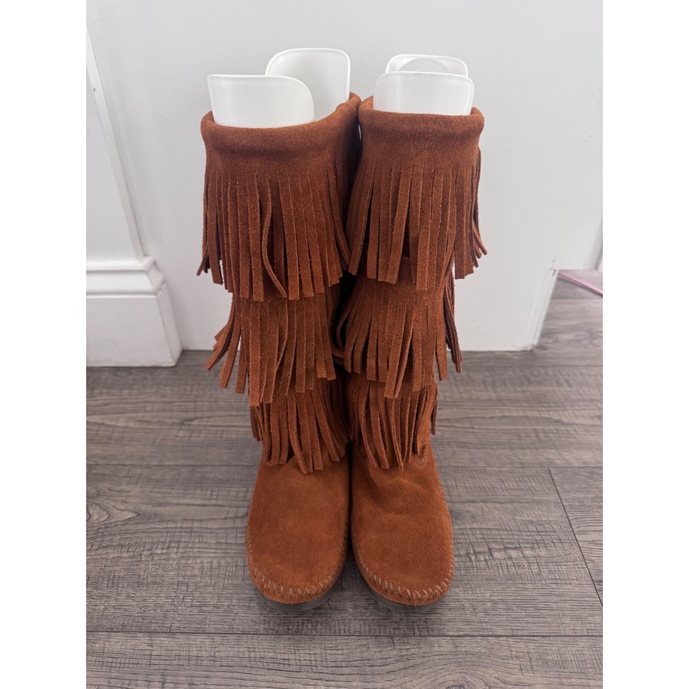 Minnetonka Womens 3-Layer Fringe Boots Brown Suede Moccasin 1632 Size 8